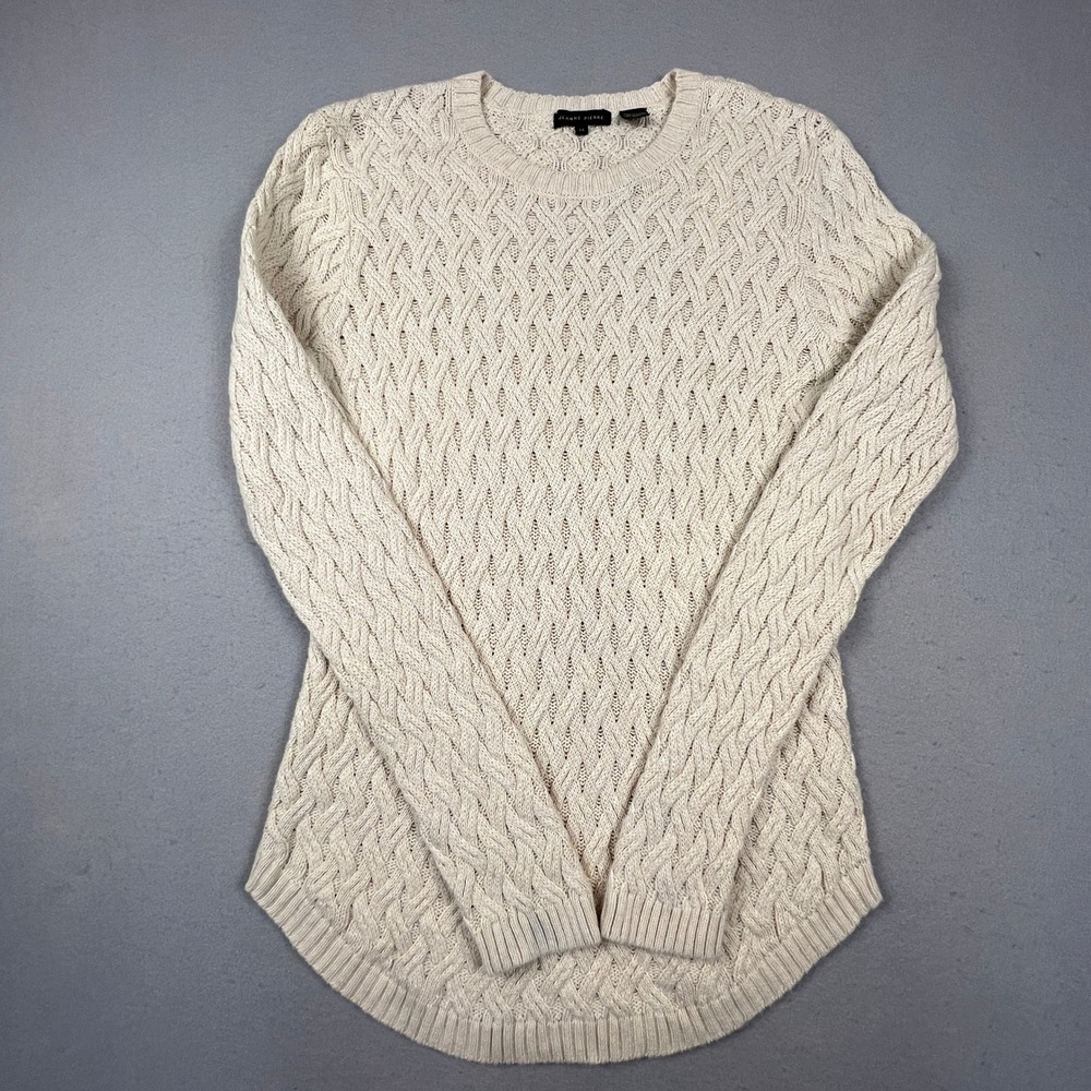 Jeanne Pierre Sweater Womens Medium Cream Cable Knit Cotton Curved Hem Classic